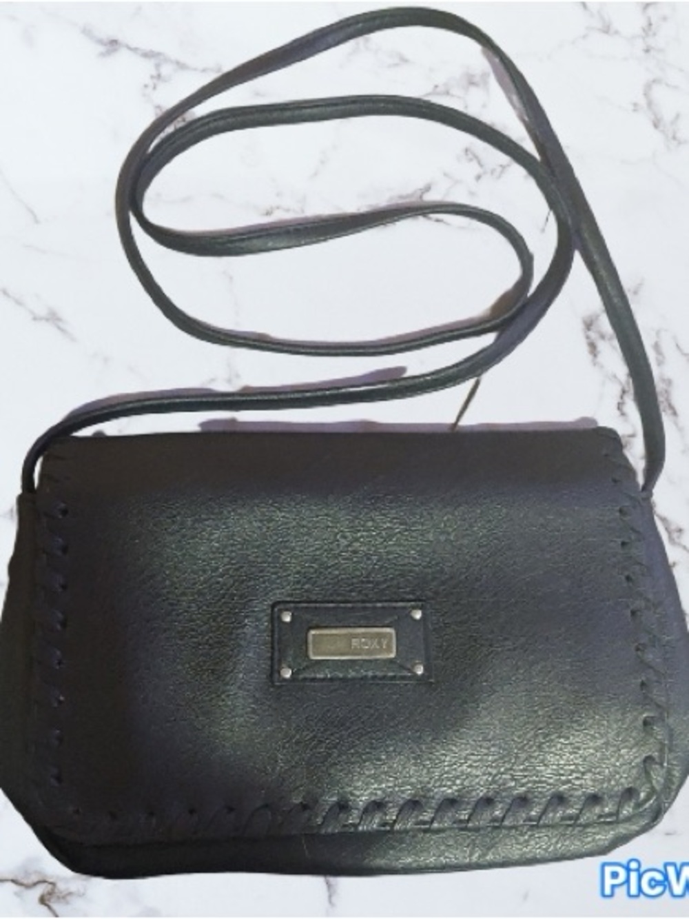 Roxy Black Leatherette Crossbody Bag with Whipstitch Trim